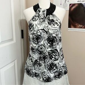 Iz Byer Black and White Floral Halter Top